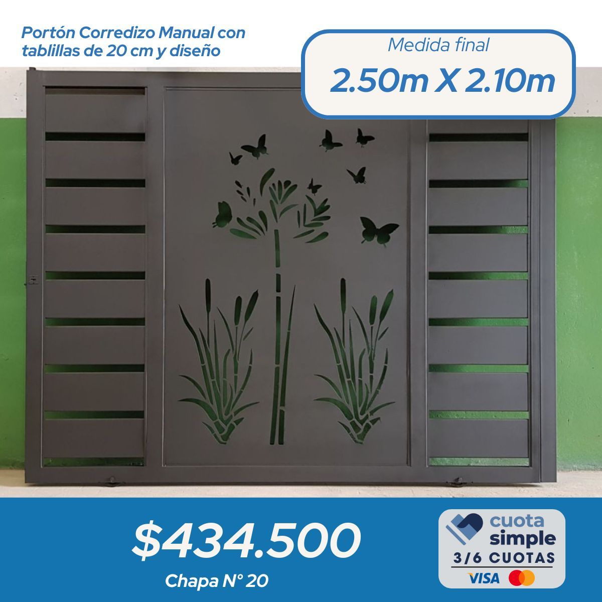 Portón corredizo tablillas y chapa decorada.