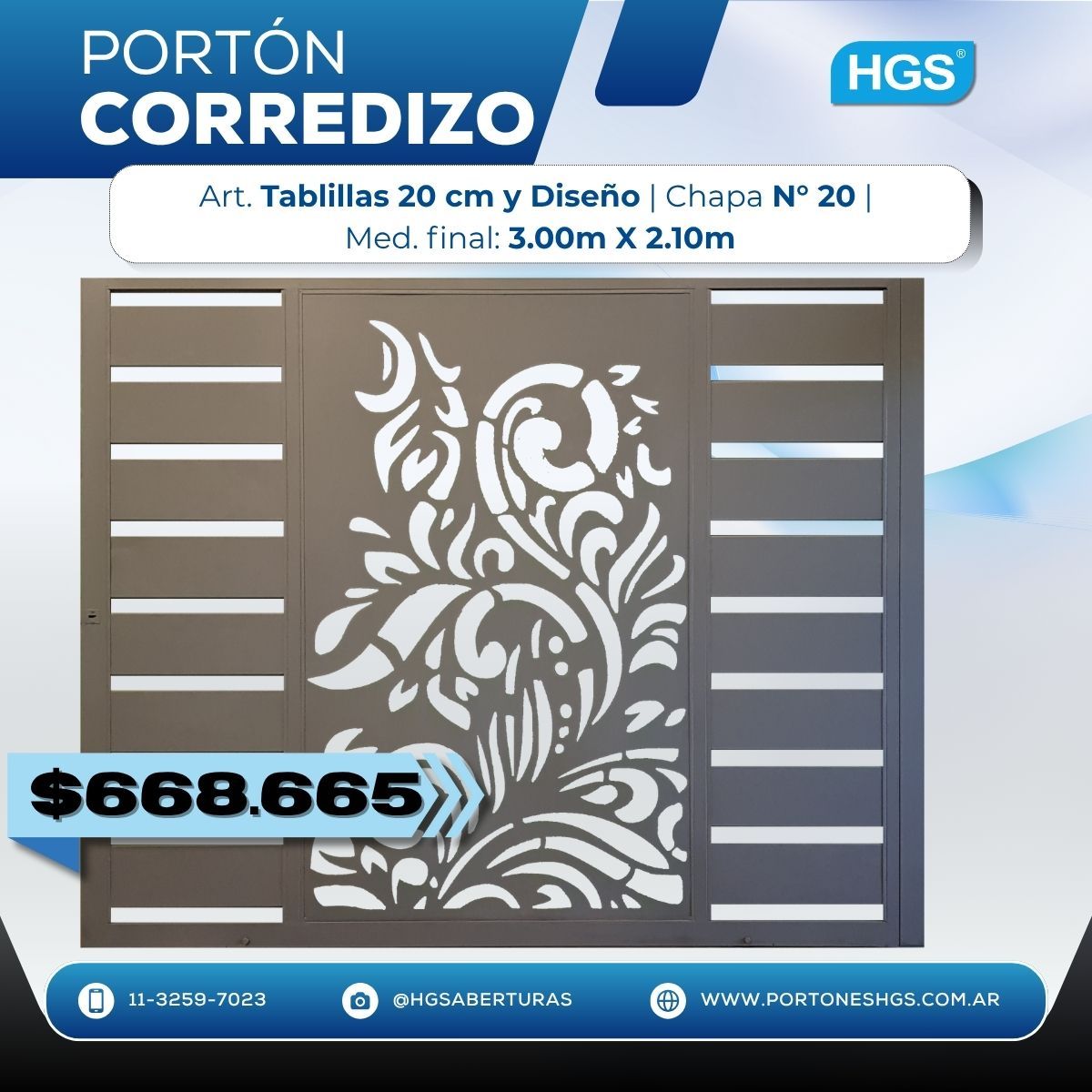 Portón corredizo tablillas y chapa decorada