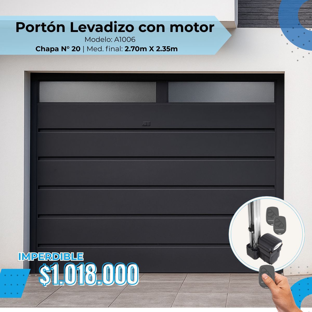 Porton levadizo automático, con puerta de escape y postigo