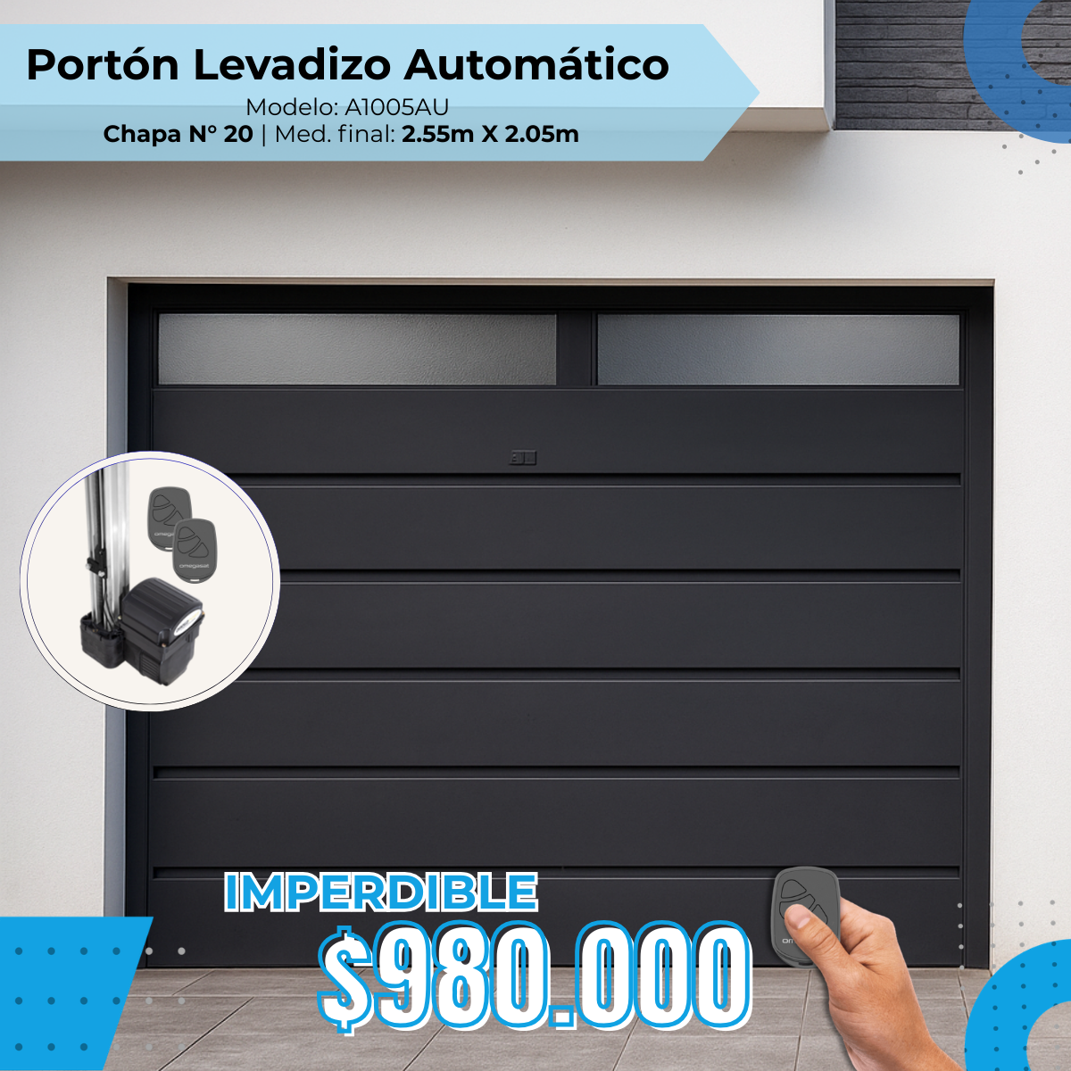 Porton levadizo automático, con puerta de escape y postigo