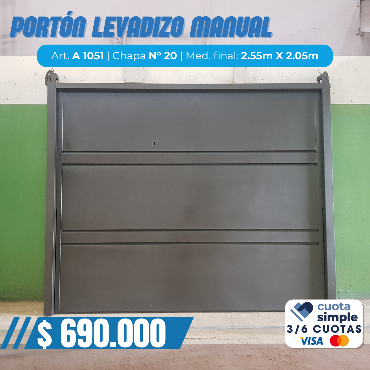 Portón levadizo manual con puerta de escape y postigo