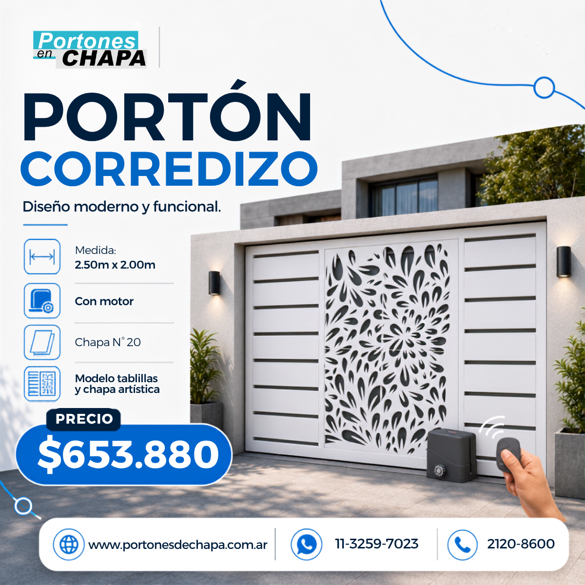Portón corredizo tablillas y chapa decorada