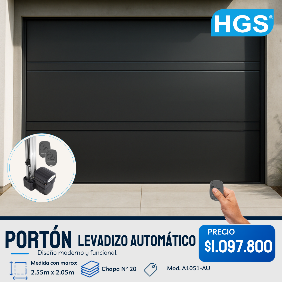Porton levadizo automático, con puerta de escape y postigo