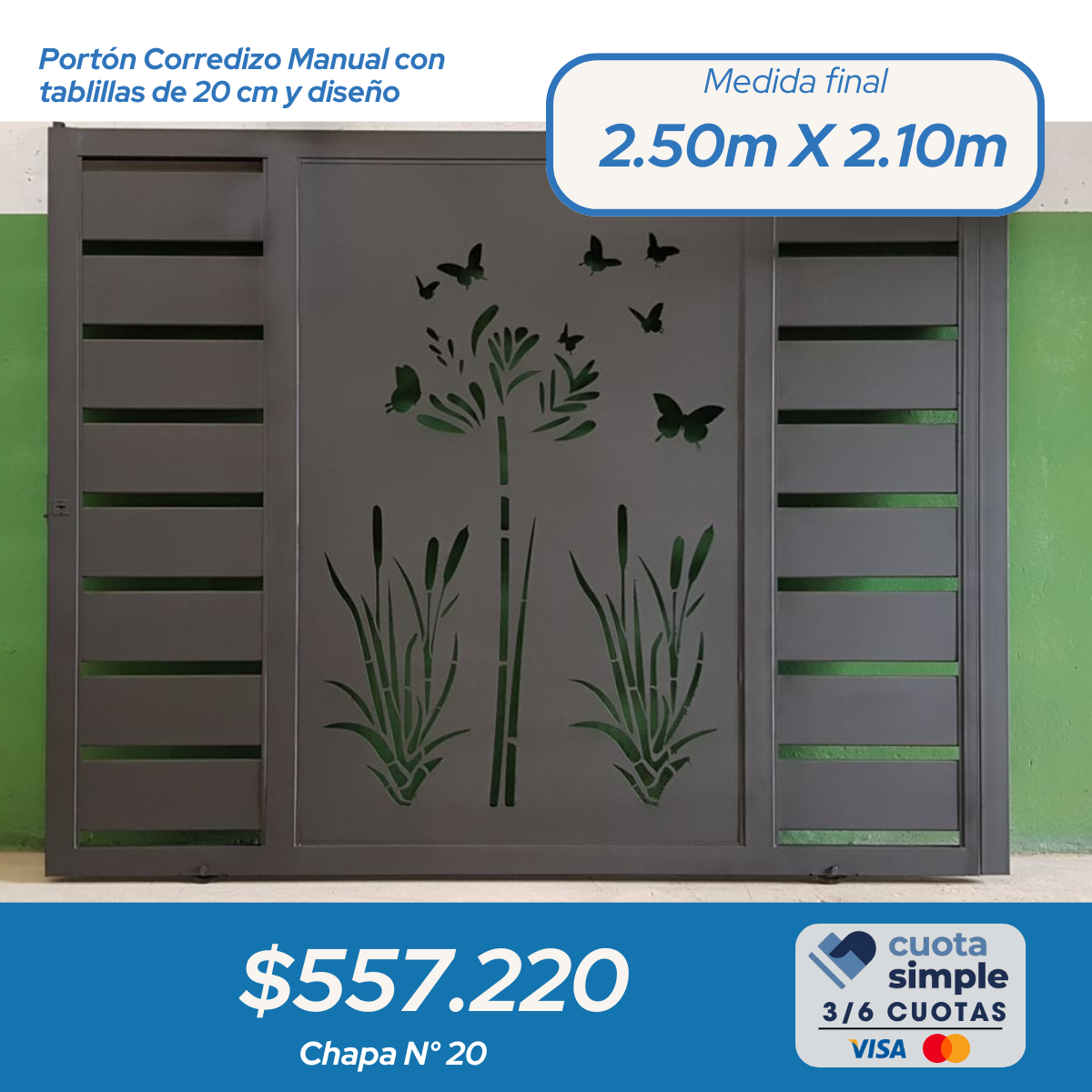 Portón corredizo tablillas y chapa decorada.