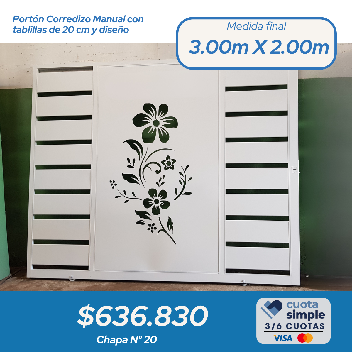 Portón corredizo tablillas y chapa decorada