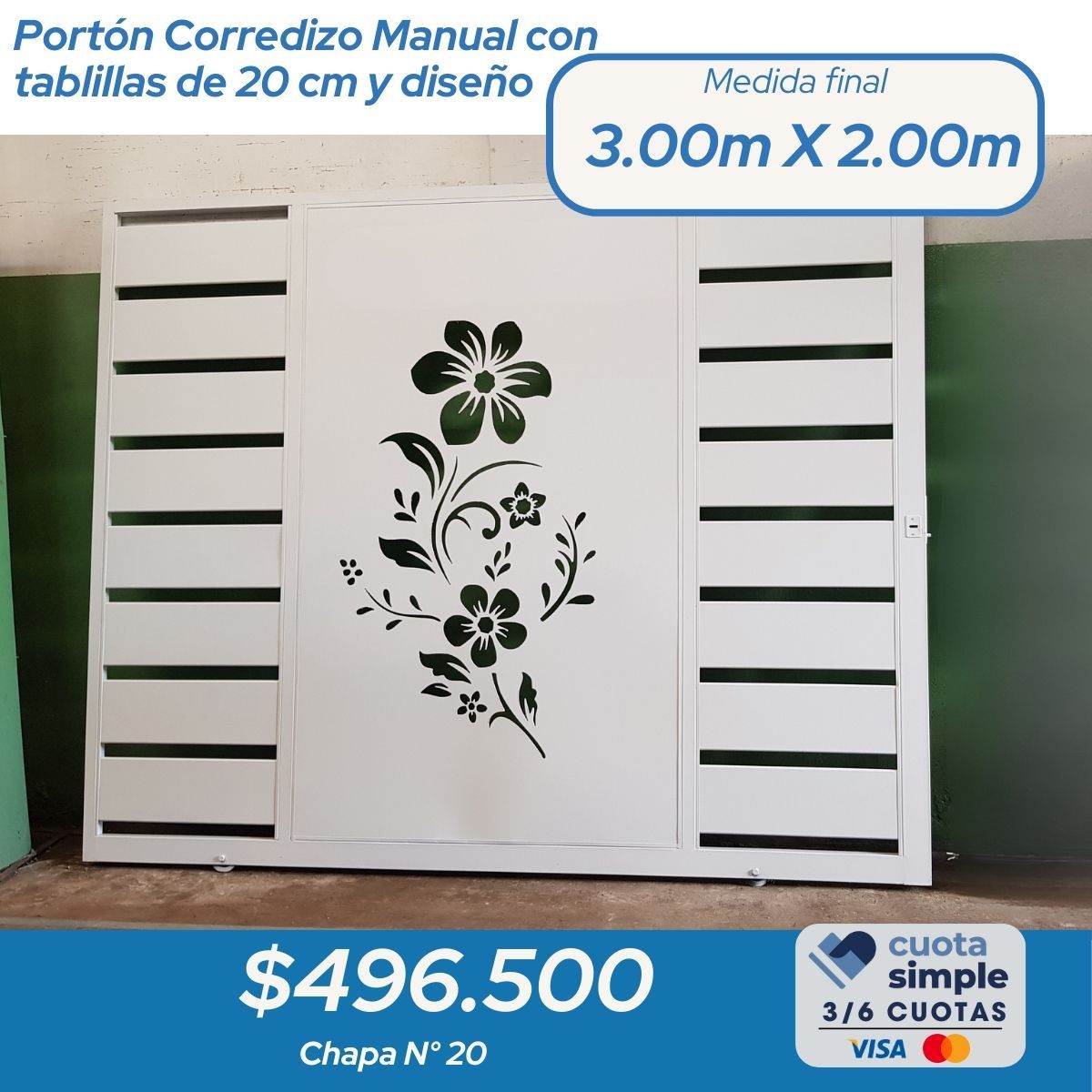 Portón corredizo tablillas y chapa decorada