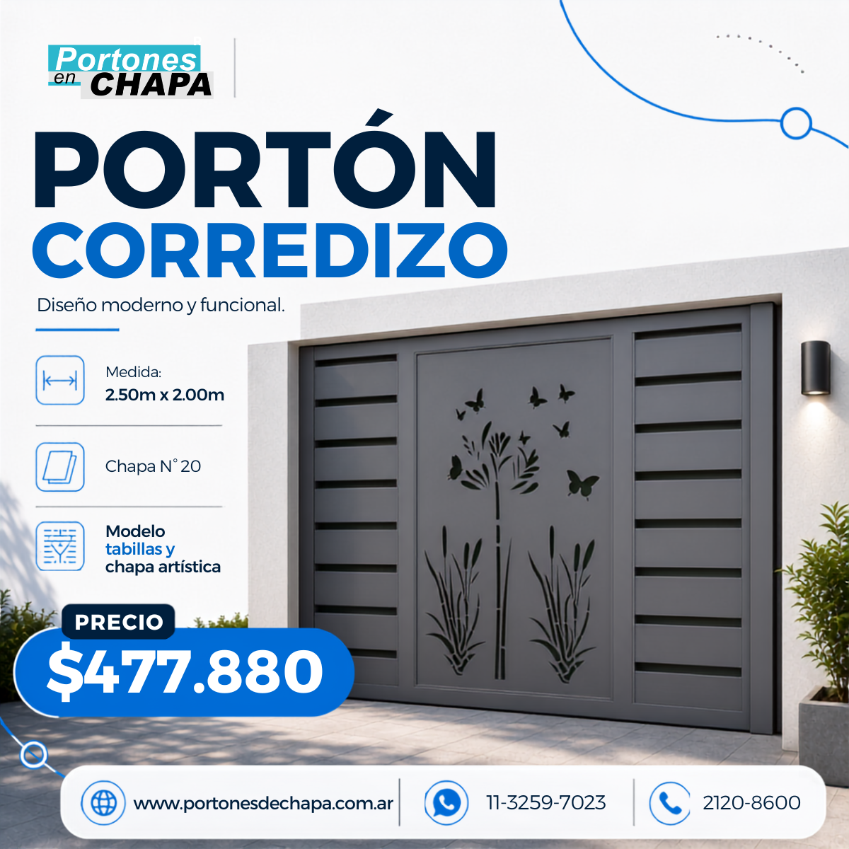 Portón corredizo tablillas y chapa decorada.
