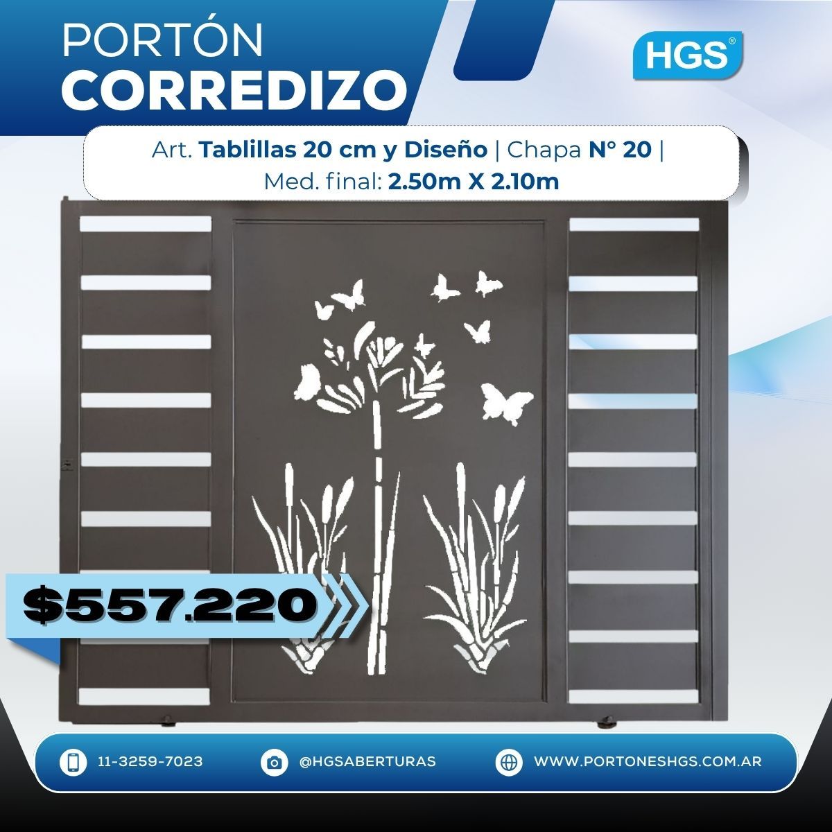 Portón corredizo tablillas y chapa decorada.