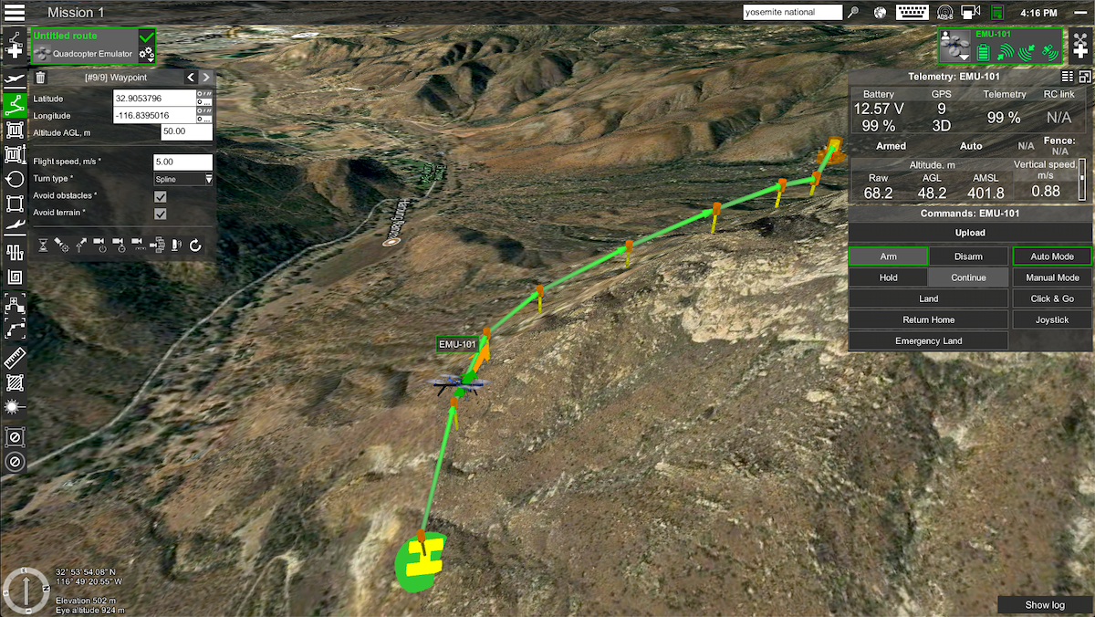 Modo de vuelo automático (waypoints) y control directo del drone