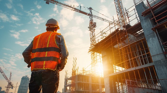 Profesional de la construcción supervisando obra con equipos modernos, reflejando la mano de obra calificada de Grupo Constructivo CS